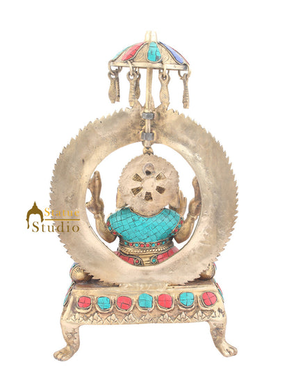 Indian Brass Home Vastu Décor Ganpati Murti Ganesh Turquoise Coral Inlay 16" by vendor-unknown - Hindu Gods (View 4)