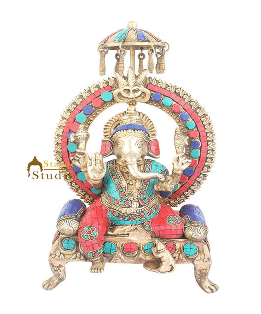 Indian Brass Home Vastu Décor Ganpati Murti Ganesh Turquoise Coral Inlay 16"