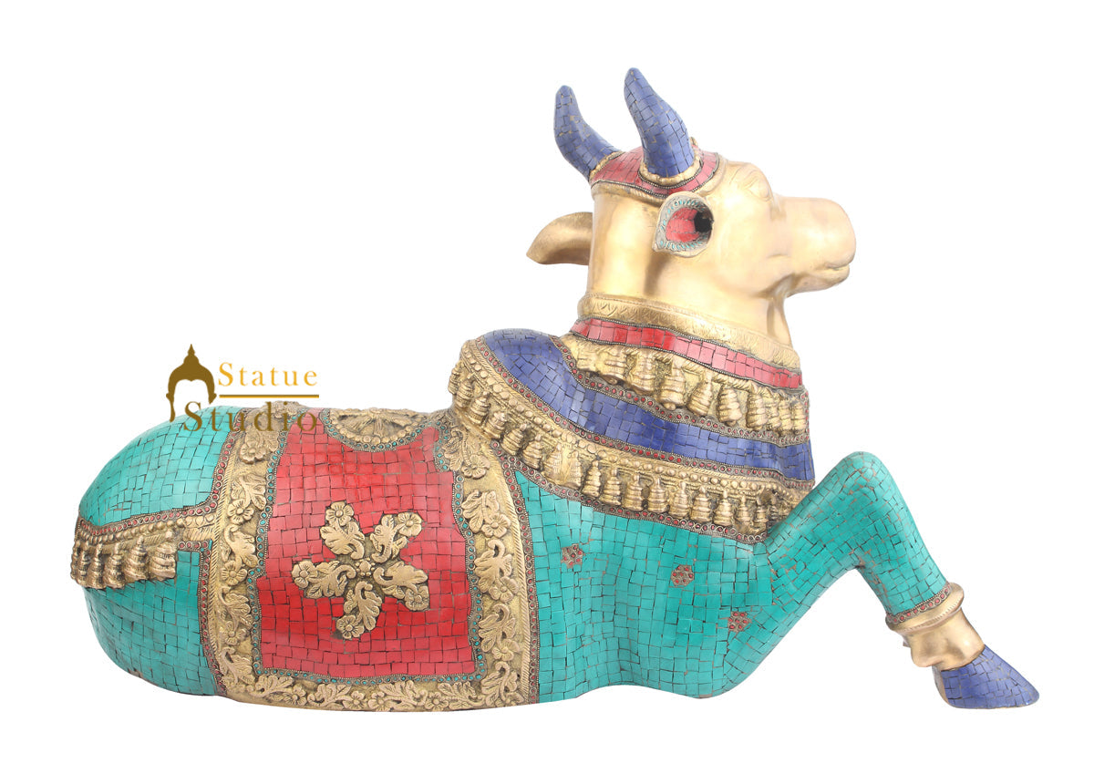 Indian Hinduism Sacred Holy Cow Nandi Turquoise Coral Inlay Large 3 Feet - Image 4