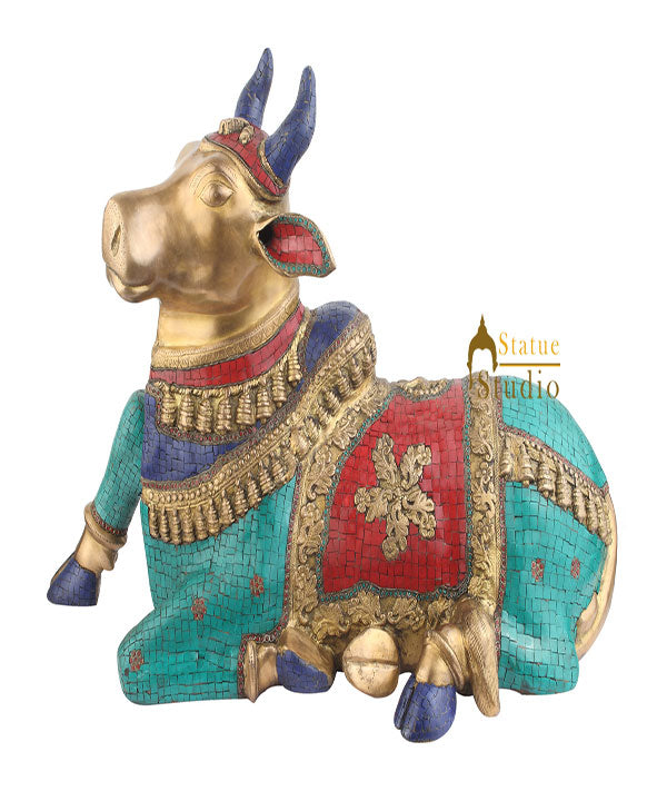 Indian Hinduism Sacred Holy Cow Nandi Turquoise Coral Inlay Large 3 Feet - Eco-friendly - Sama Homes