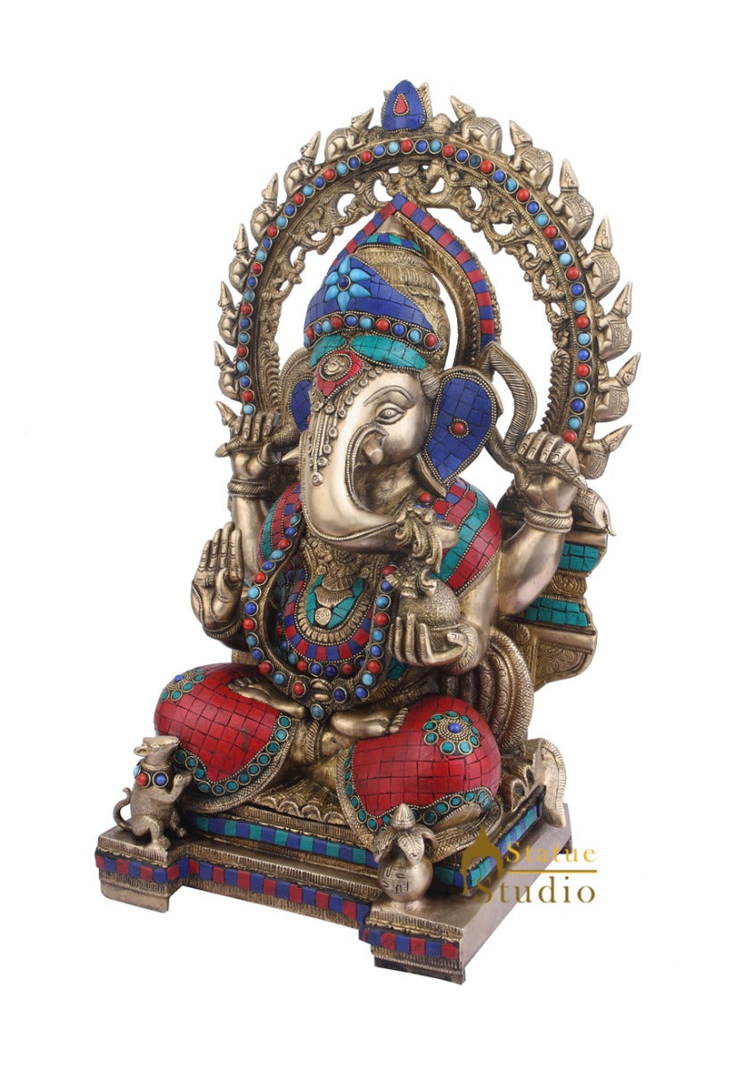 Indian Brass Vastu Décor Ganpati Large Murti Ganesh Turquoise Coral Inlay 22"