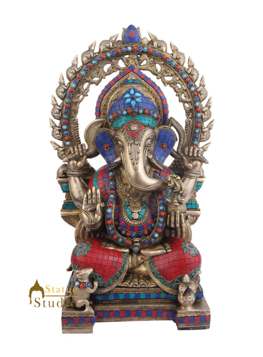 Indian Brass Vastu Décor Ganpati Large Murti Ganesh Turquoise Coral Inlay 22" - Image 2