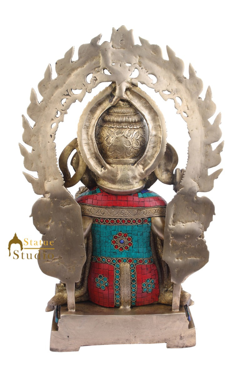 Indian Brass Vastu Décor Ganpati Large Murti Ganesh Turquoise Coral Inlay 22" - Image 4