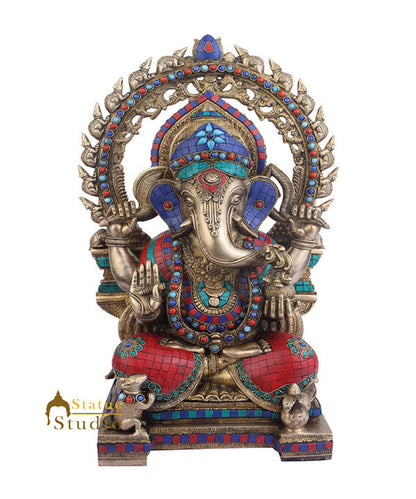 Indian Brass Vastu Décor Ganpati Large Murti Ganesh Turquoise Coral Inlay 22" by vendor-unknown - Hindu Gods