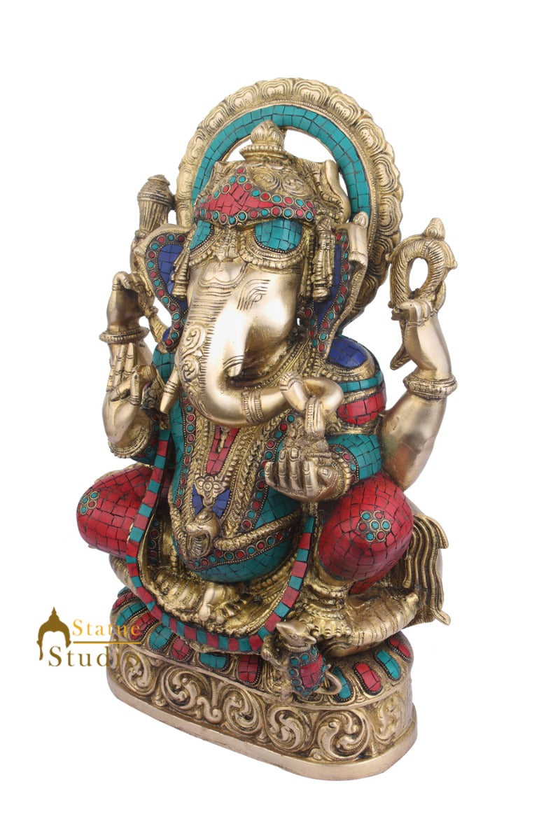 Brass Home Vastu Décor Ganpati Large Murti Ganesh Turquoise Coral Inlay 21" - Image 3
