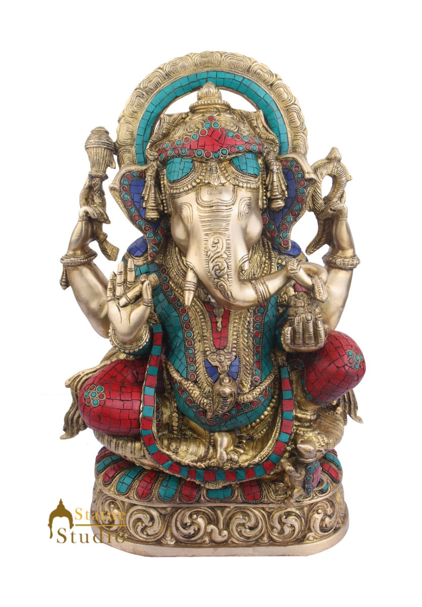Brass Home Vastu Décor Ganpati Large Murti Ganesh Turquoise Coral Inlay 21"
