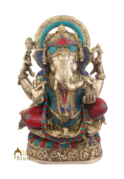 Brass Home Vastu Décor Ganpati Large Murti Ganesh Turquoise Coral Inlay 21" by vendor-unknown - Hindu Gods (View 2)