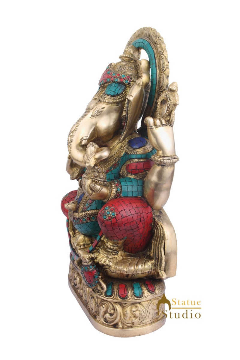 Brass Home Vastu Décor Ganpati Large Murti Ganesh Turquoise Coral Inlay 21" - Image 4
