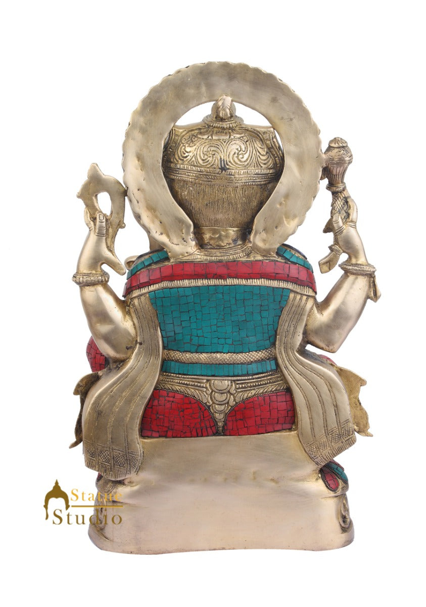 Brass Home Vastu Décor Ganpati Large Murti Ganesh Turquoise Coral Inlay 21"