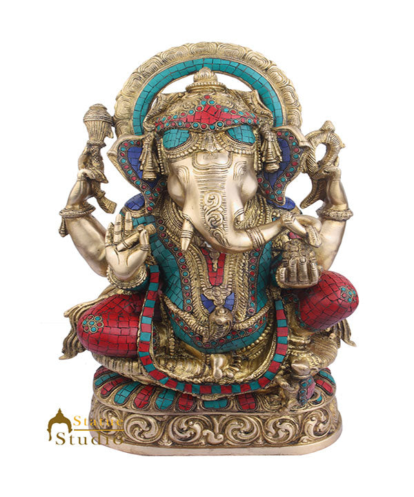 Brass Home Vastu Décor Ganpati Large Murti Ganesh Turquoise Coral Inlay 21" - Eco-friendly - Sama Homes