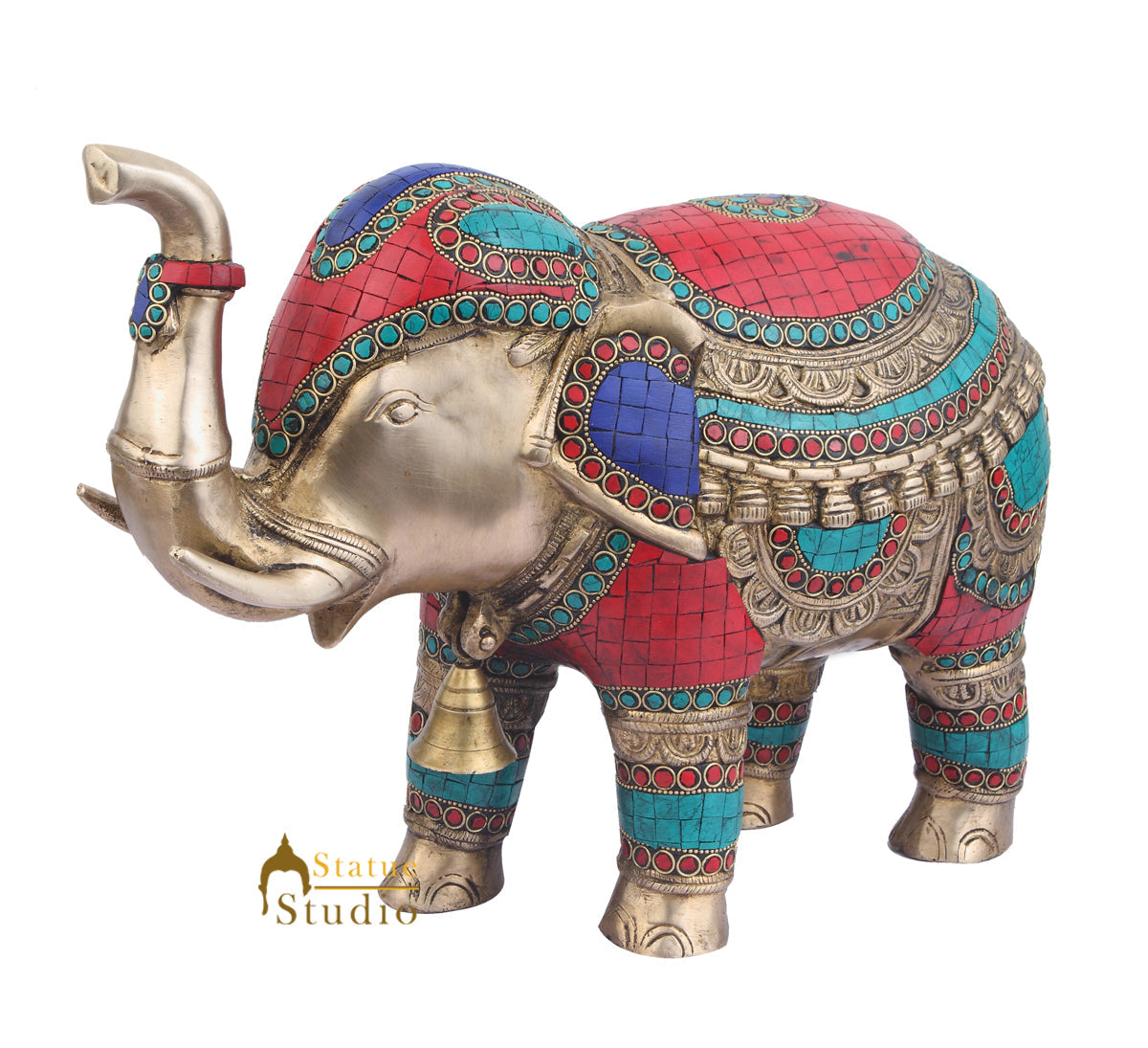 Indian Brass Animal Inlay Vastu Fengshui Home Décor Elephant Statue 11" - Image 3