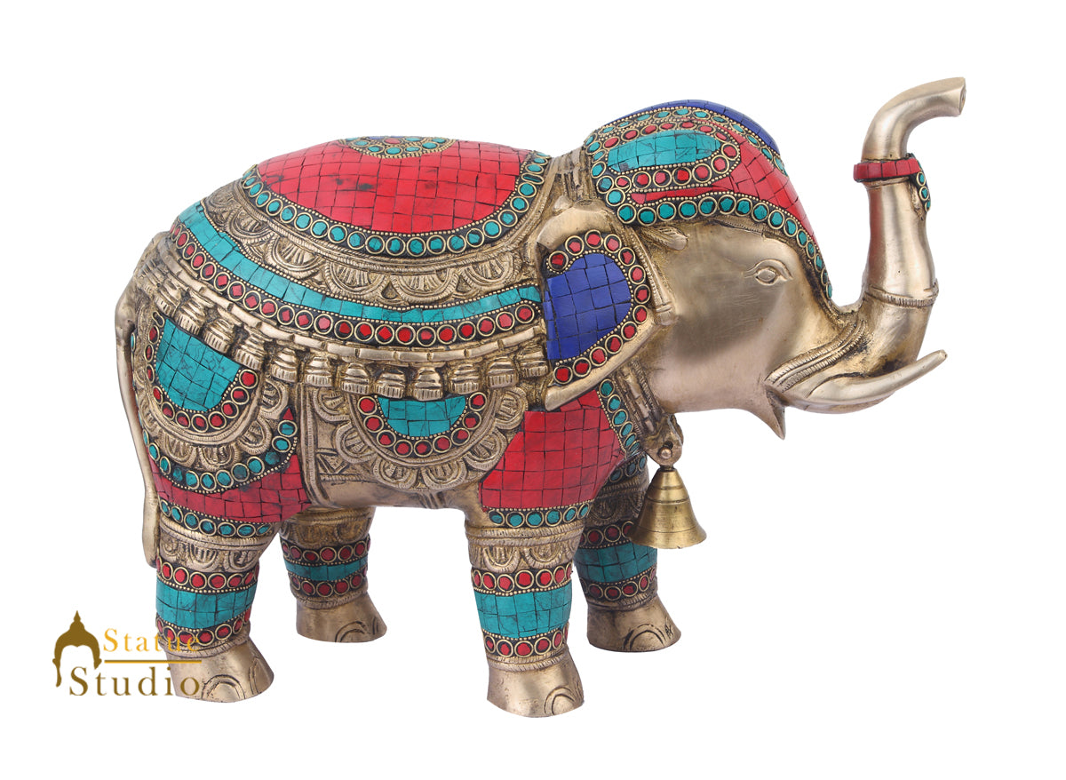 Indian Brass Animal Inlay Vastu Fengshui Home Décor Elephant Statue 11" - Image 4