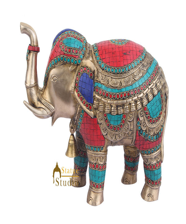 Indian Brass Animal Inlay Vastu Fengshui Home Décor Elephant Statue 11" - Eco-friendly - Sama Homes