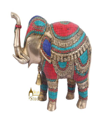 Indian Brass Animal Inlay Vastu Fengshui Home Décor Elephant Statue 11" by vendor-unknown - Decor