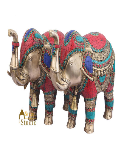 Indian Brass Animal Inlay Vastu Fengshui Home Décor Elephant Pair 11" by vendor-unknown - Decor