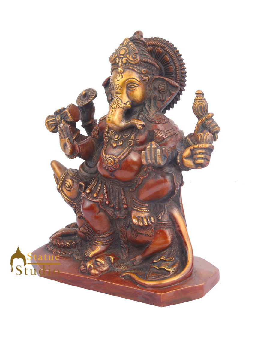 Metal Handicraft Vintage Brass Ganesha Statue Ganpati on Rat Vahana 9" - Image 3