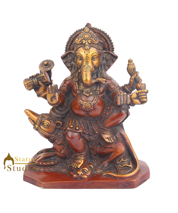 Metal Handicraft Vintage Brass Ganesha Statue Ganpati on Rat Vahana 9" - Eco-friendly - Sama Homes