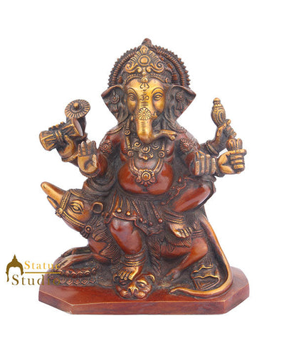 Metal Handicraft Vintage Brass Ganesha Statue Ganpati on Rat Vahana 9" by vendor-unknown - Hindu Gods