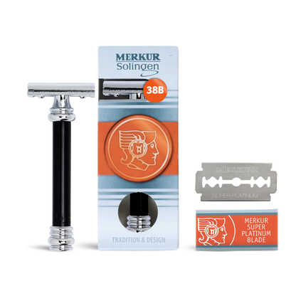 Merkur 38B 2-Piece DE Safety Razor, Closed Comb, Barberpole Long Heavy Handle, Black by Merkur - Double Edge Safety Razors