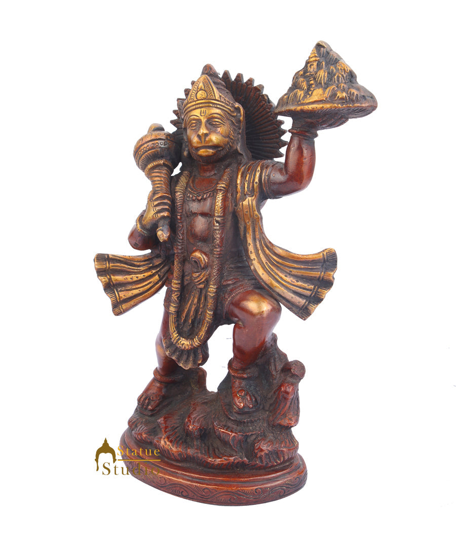 Brass Hanuman Idol Carrying Hill Antique Finish For Home Decor 10" - Image 3