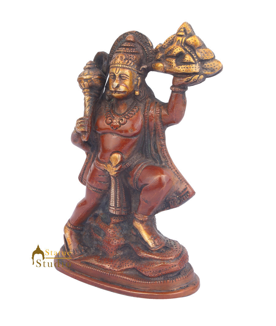 Brass Small Hanuman Statue Carrying Hill For Home Temple Decor 7" - Image 3