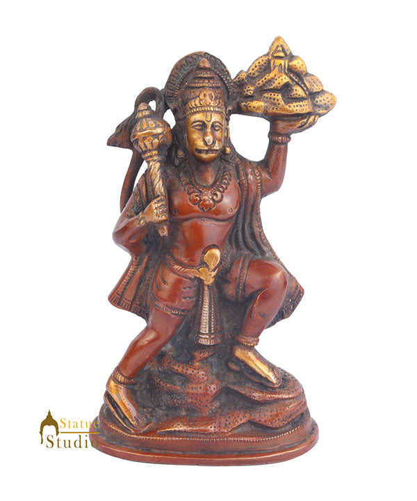 Brass Small Hanuman Statue Carrying Hill For Home Temple Decor 7"