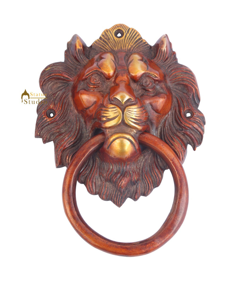 Brass Handicraft Home Decor Lion Head Design Red Door Knocker 8" - Image 2