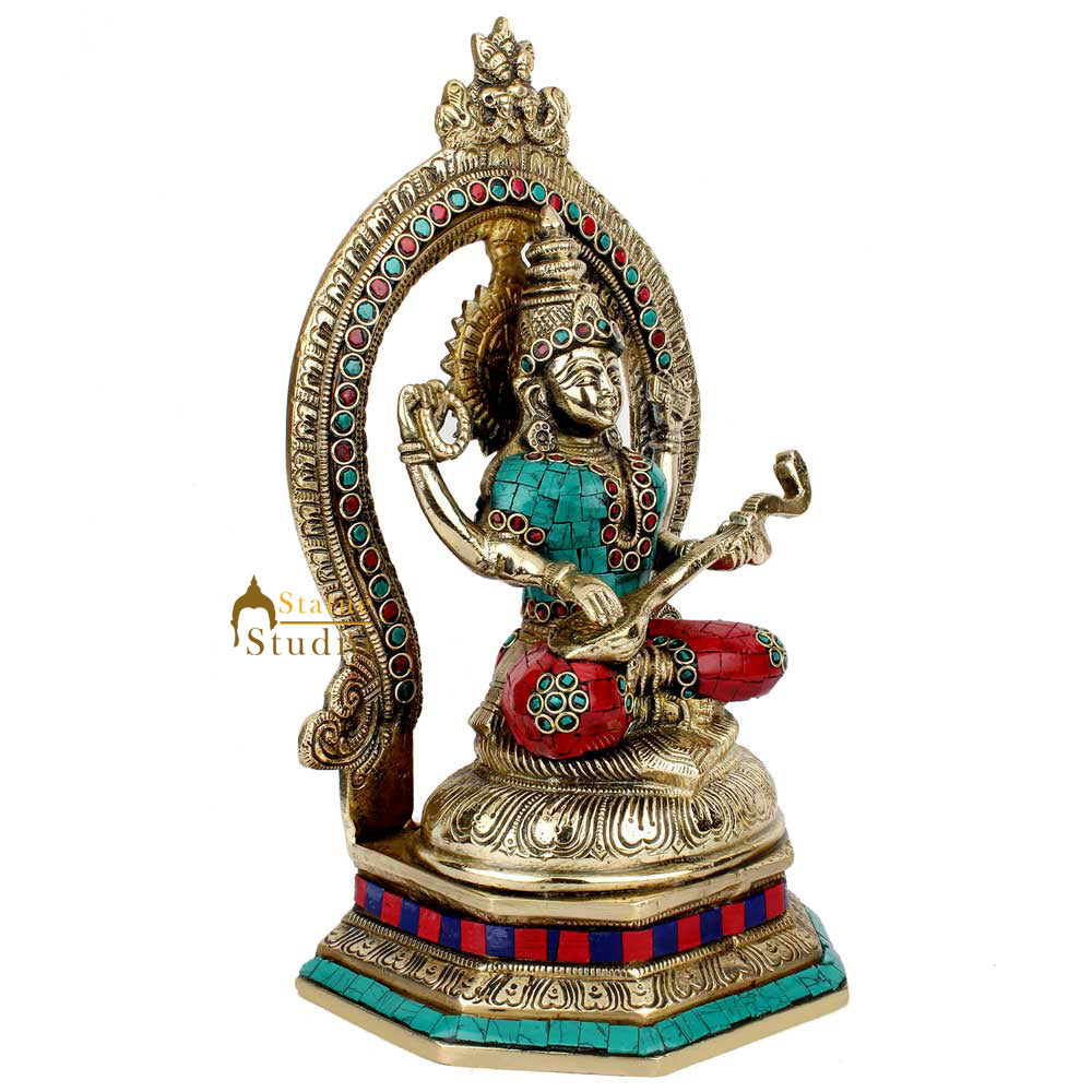 Indian Handmade Metal Goodess Of Wisdom Saraswati Murti Idol Statue Décor 11" - Image 3