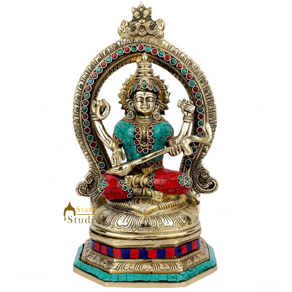 Indian Handmade Metal Goodess Of Wisdom Saraswati Murti Idol Statue Décor 11" - Eco-friendly - Sama Homes