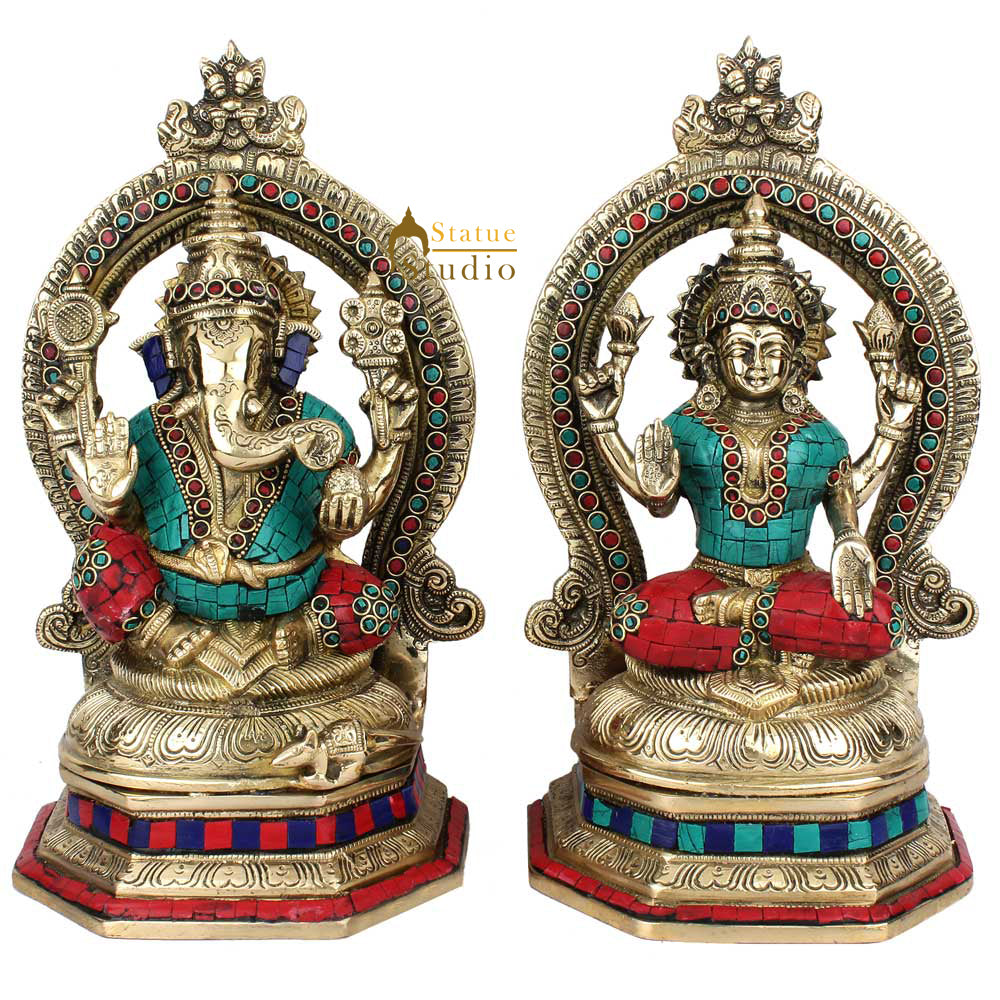 Indian Brass Hindu God Goddess Ganesh Laxmi Puja Idol Lucky Gift Statue 11" - Eco-friendly - Sama Homes