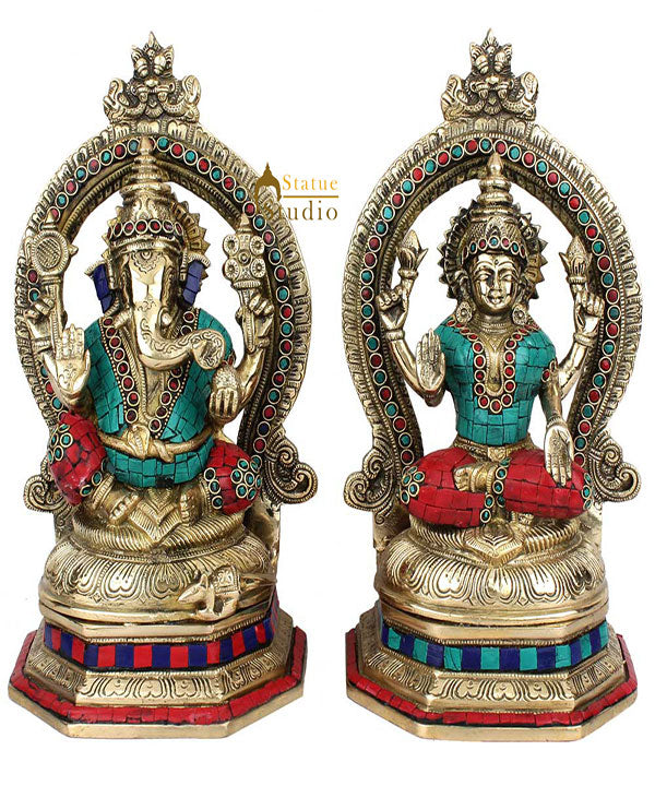 Indian Brass Hindu God Goddess Ganesh Laxmi Puja Idol Lucky Gift Statue 11" - Image 2