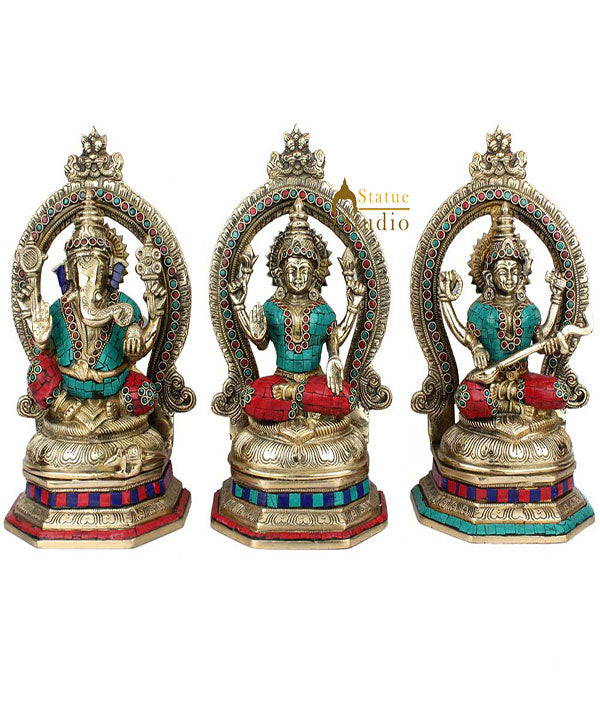 Brass Hindu God Goddess Ganesh Laxmi Saraswati Inlay Idol Lucky Gift Statue 11" - Image 2