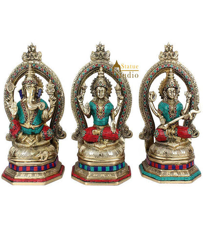 Brass Hindu God Goddess Ganesh Laxmi Saraswati Inlay Idol Lucky Gift Statue 11" by vendor-unknown - Hindu Gods (View 2)