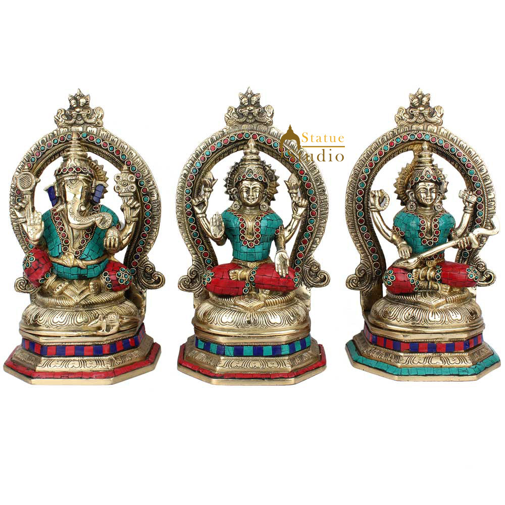 Brass Hindu God Goddess Ganesh Laxmi Saraswati Inlay Idol Lucky Gift Statue 11" - Eco-friendly - Sama Homes