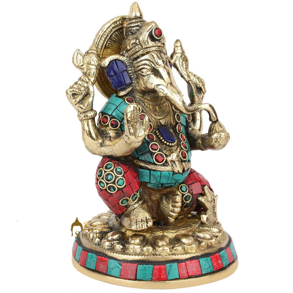Indian God Lord Ganesha Ganpati Fine Inlay Work Idol Statue Home Office Décor 6"