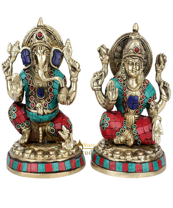 Hindu God Goddess Fine Turquoise Coral Inlay Work Ganesha Lakshmi Statue 6"