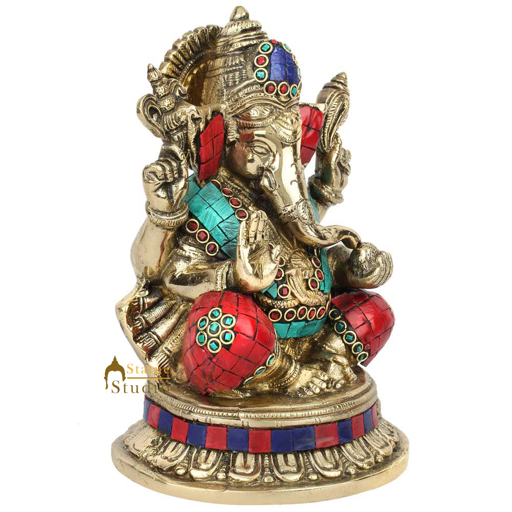 Brass Sitting Ganpati Idol Religious Multicolor Stone Work For Home Decor Gift 8" - Image 4