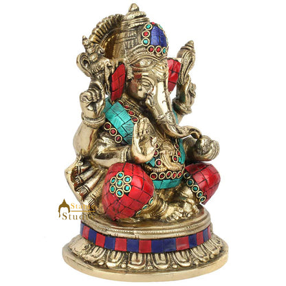 Brass Sitting Ganpati Idol Religious Multicolor Stone Work For Home Decor Gift 8" by vendor-unknown - Hindu Gods (View 4)