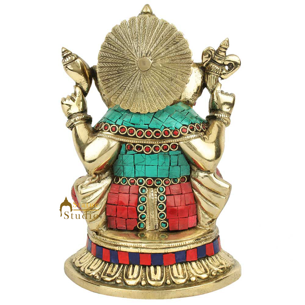Brass Sitting Ganpati Idol Religious Multicolor Stone Work For Home Decor Gift 8"