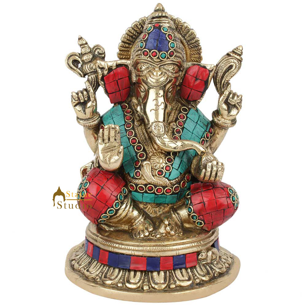 Brass Sitting Ganpati Idol Religious Multicolor Stone Work For Home Decor Gift 8" - Image 3