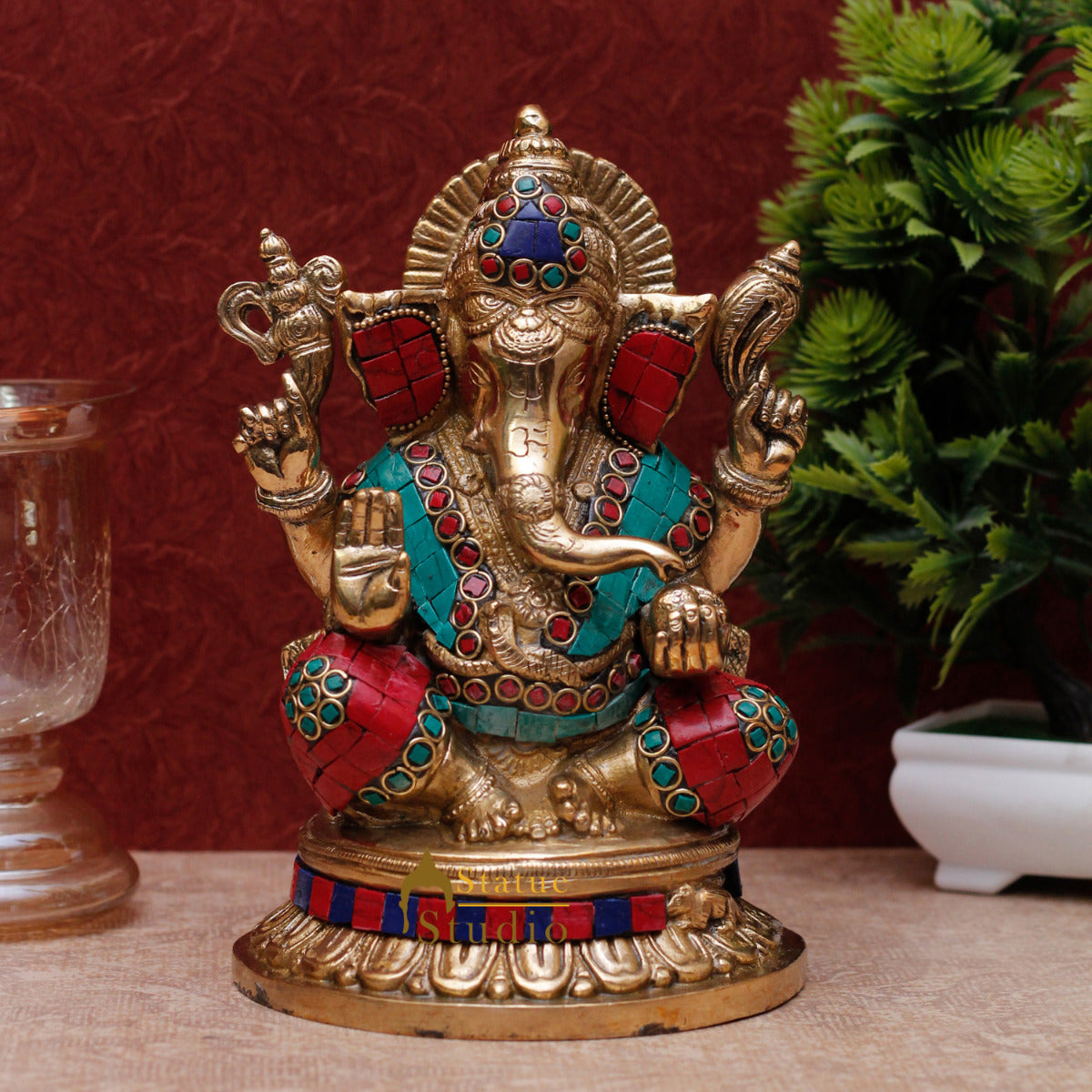 Brass Sitting Ganpati Idol Religious Multicolor Stone Work For Home Decor Gift 8"