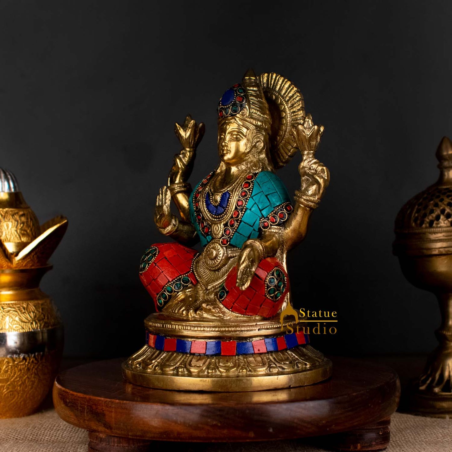 Hindu Sitting Goddess laxmi Colorful Inlay Murti Lucky Décor Gift Statue 8"