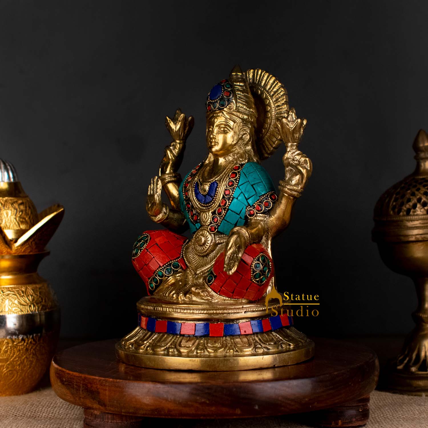 Hindu Sitting Goddess laxmi Colorful Inlay Murti Lucky Décor Gift Statue 8" - Image 2