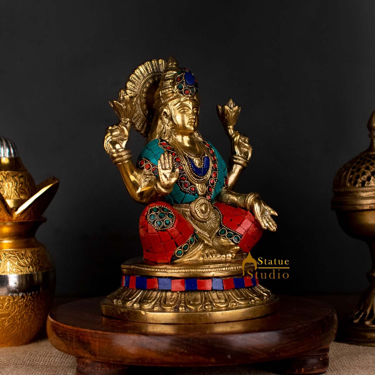 Hindu Sitting Goddess laxmi Colorful Inlay Murti Lucky Décor Gift Statue 8"