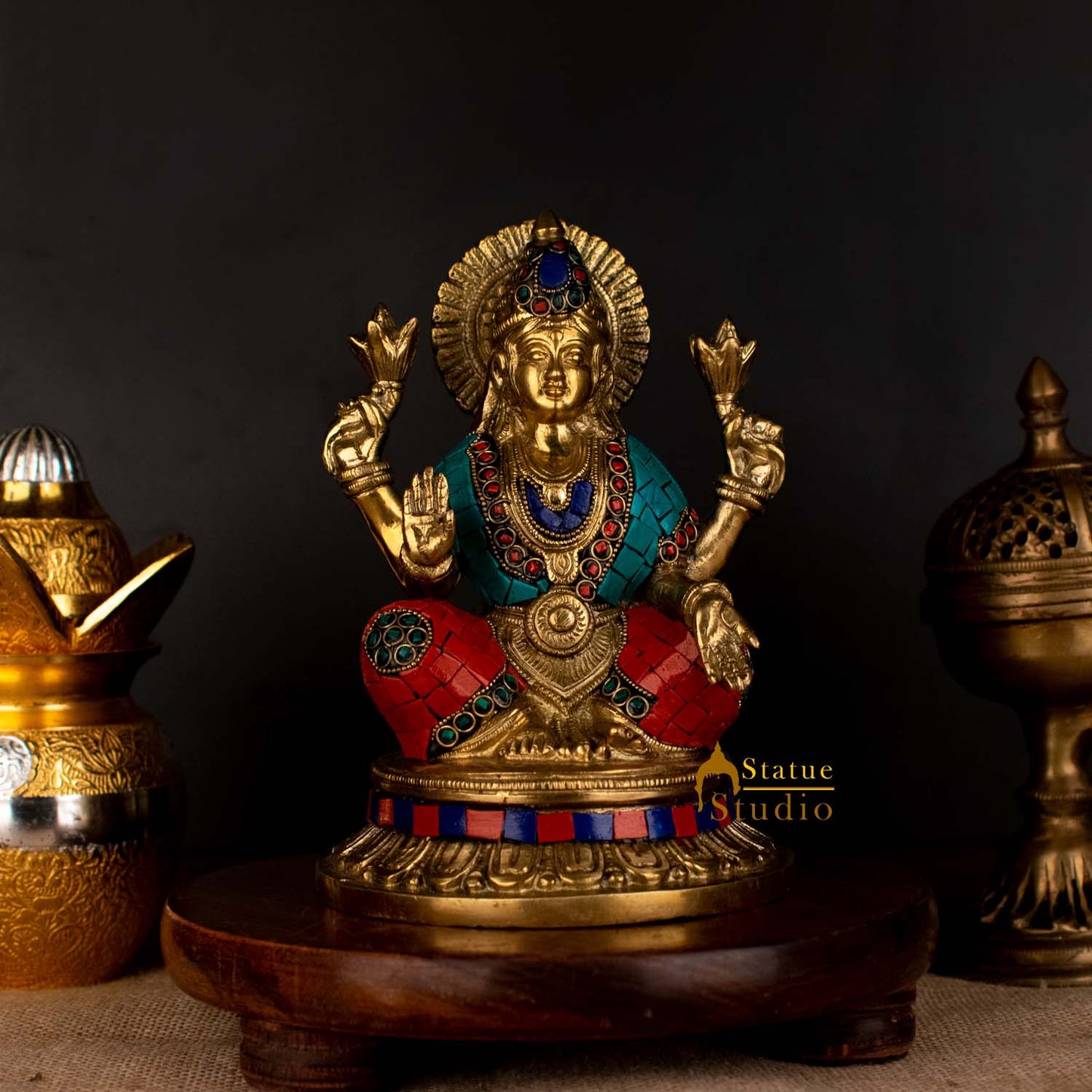 Hindu Sitting Goddess laxmi Colorful Inlay Murti Lucky Décor Gift Statue 8"