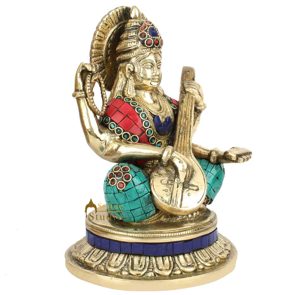 Hindu Sitting Goddess Saraswati Colorful Inlay Murti Lucky Décor Gift Statue 8" - Image 3