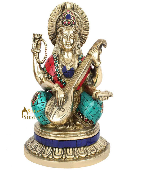 Hindu Sitting Goddess Saraswati Colorful Inlay Murti Lucky Décor Gift Statue 8"
