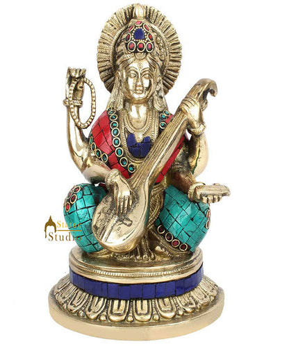 Hindu Sitting Goddess Saraswati Colorful Inlay Murti Lucky Décor Gift Statue 8" by vendor-unknown - Hindu Gods (View 2)