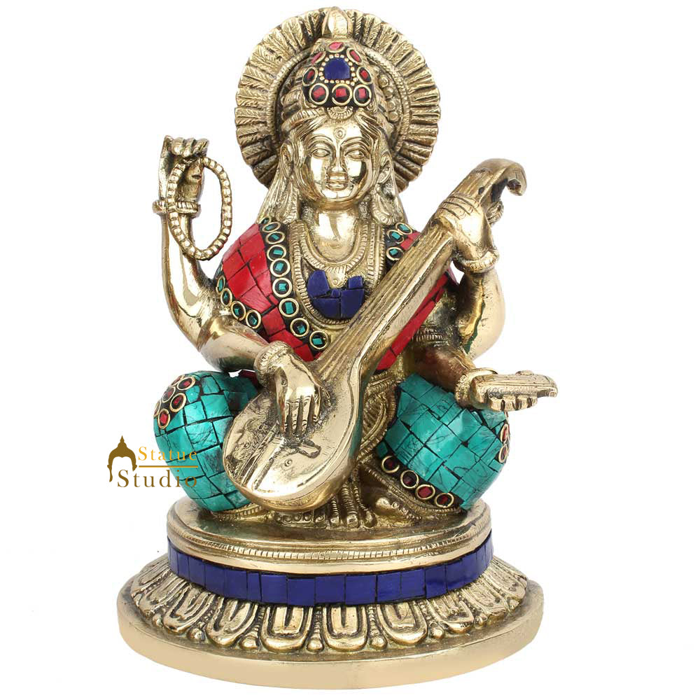 Hindu Sitting Goddess Saraswati Colorful Inlay Murti Lucky Décor Gift Statue 8"