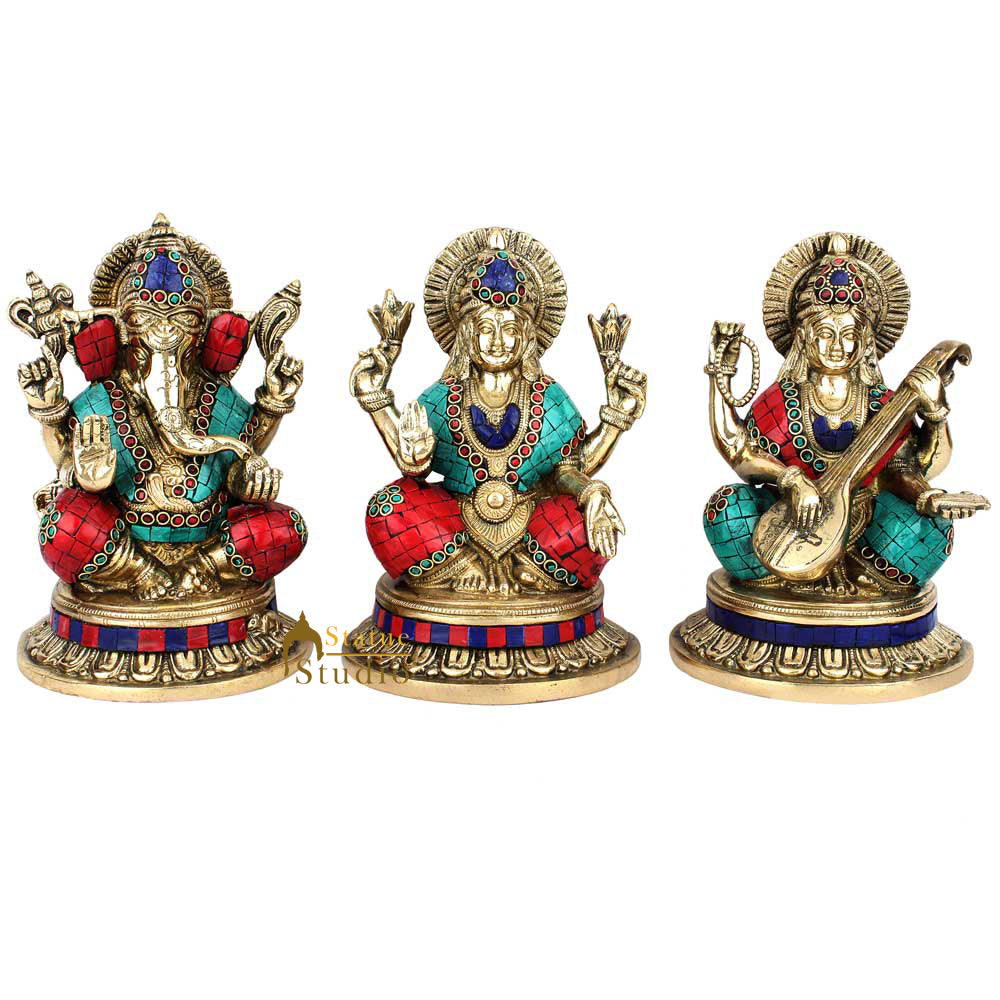 Hand Crafted Fine Ganesha lakshmi Saraswati Idol Inlay Décor Gift Statue 8" - Eco-friendly - Sama Homes